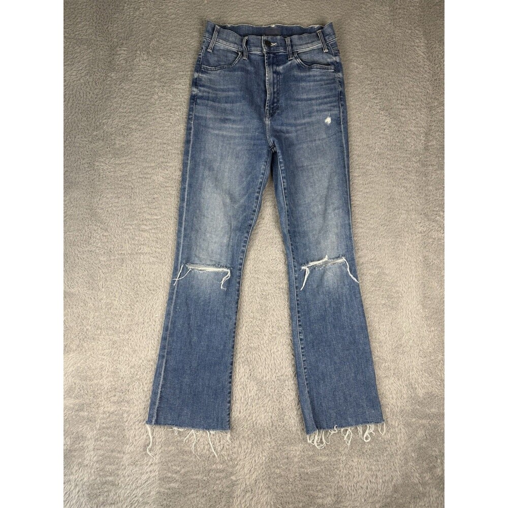 MOTHER The Hustler Ankle Fray Jean Women 26 High Rise Kick Flare Ripped Raw Hem